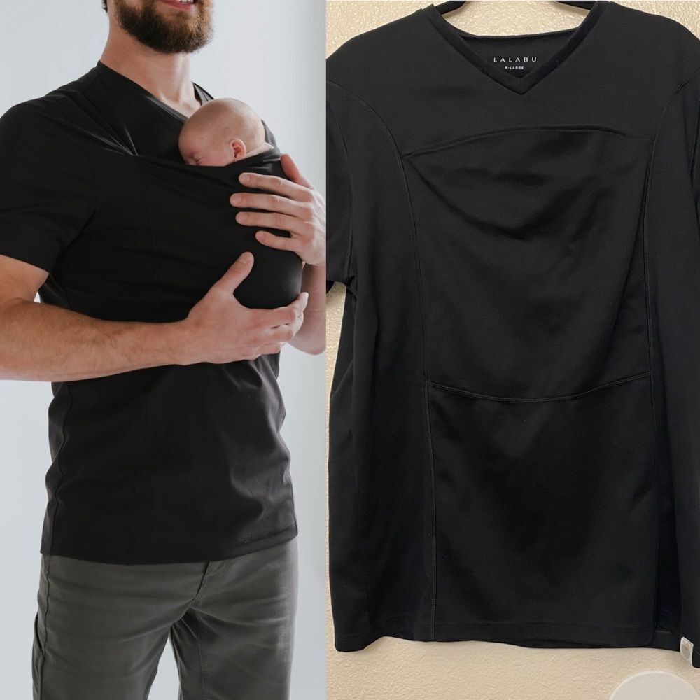 Lalabu Babywearing newborn Dad t Shirt black kangaroo v neck carrier XL